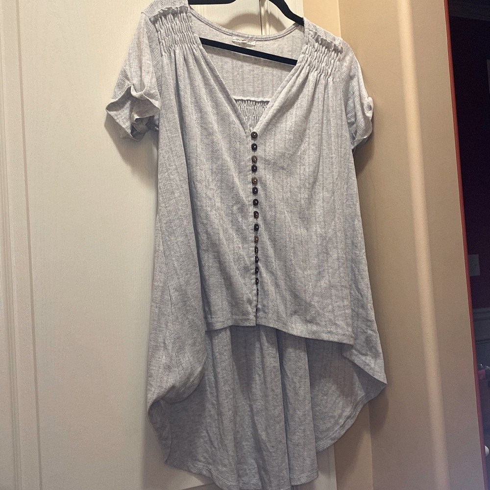 Long (in the back) gray button down shirt